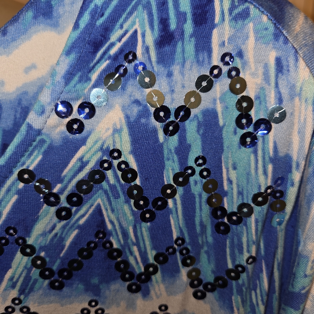 Ruby Rd. Blue and White Patterned Sequin Tee - Picture 3 of 5